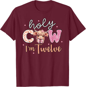 12th Birthday Shirt For Girls 12 Year Old Highland Cow Print T-Shirt - T-Shirt | Maroon
