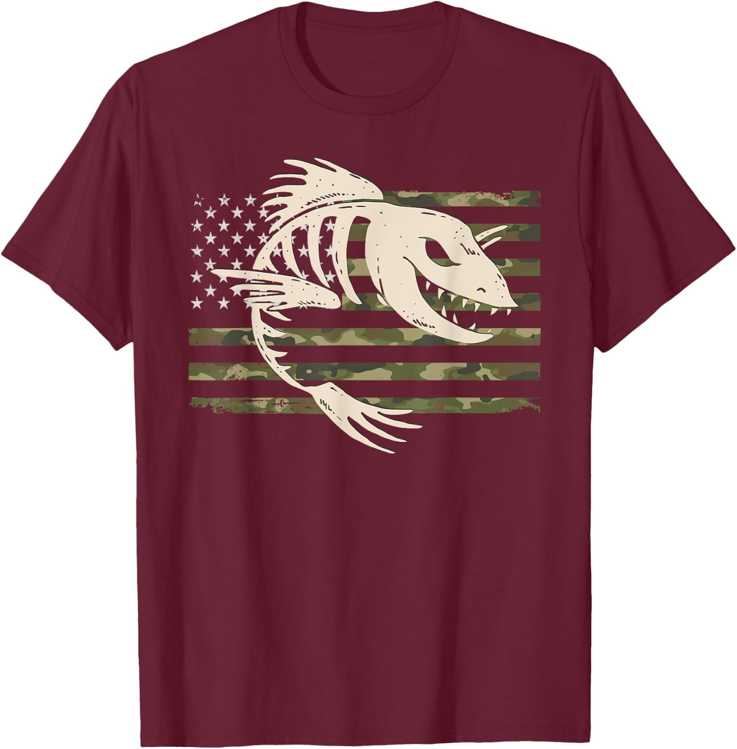 Fish Bones Skeleton Camo US American Flag Camouflage Fishing Men T-Shirt - T-Shirt | Maroon