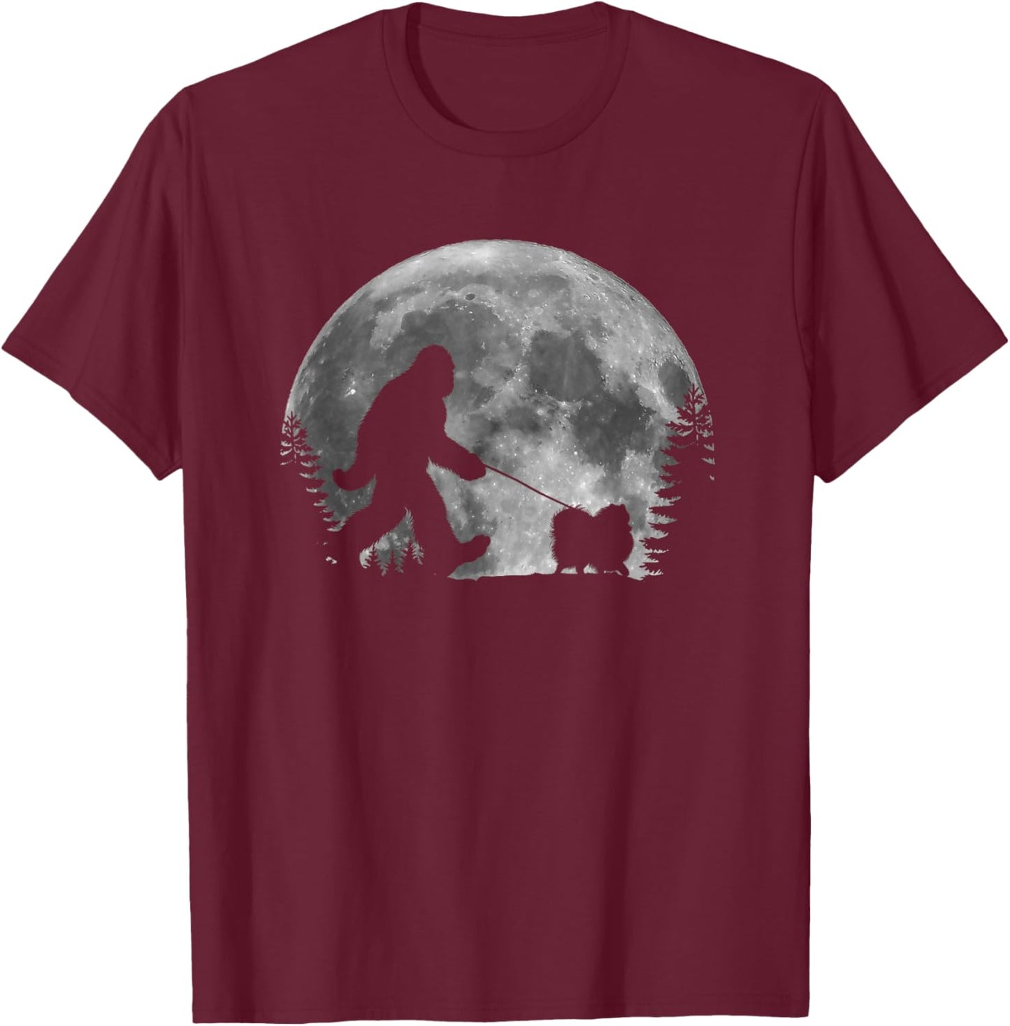 Bigfoot Walking a Dog Funny Pomeranian Lovers Moon Halloween Women Kids T-Shirt - T-Shirt | Maroon