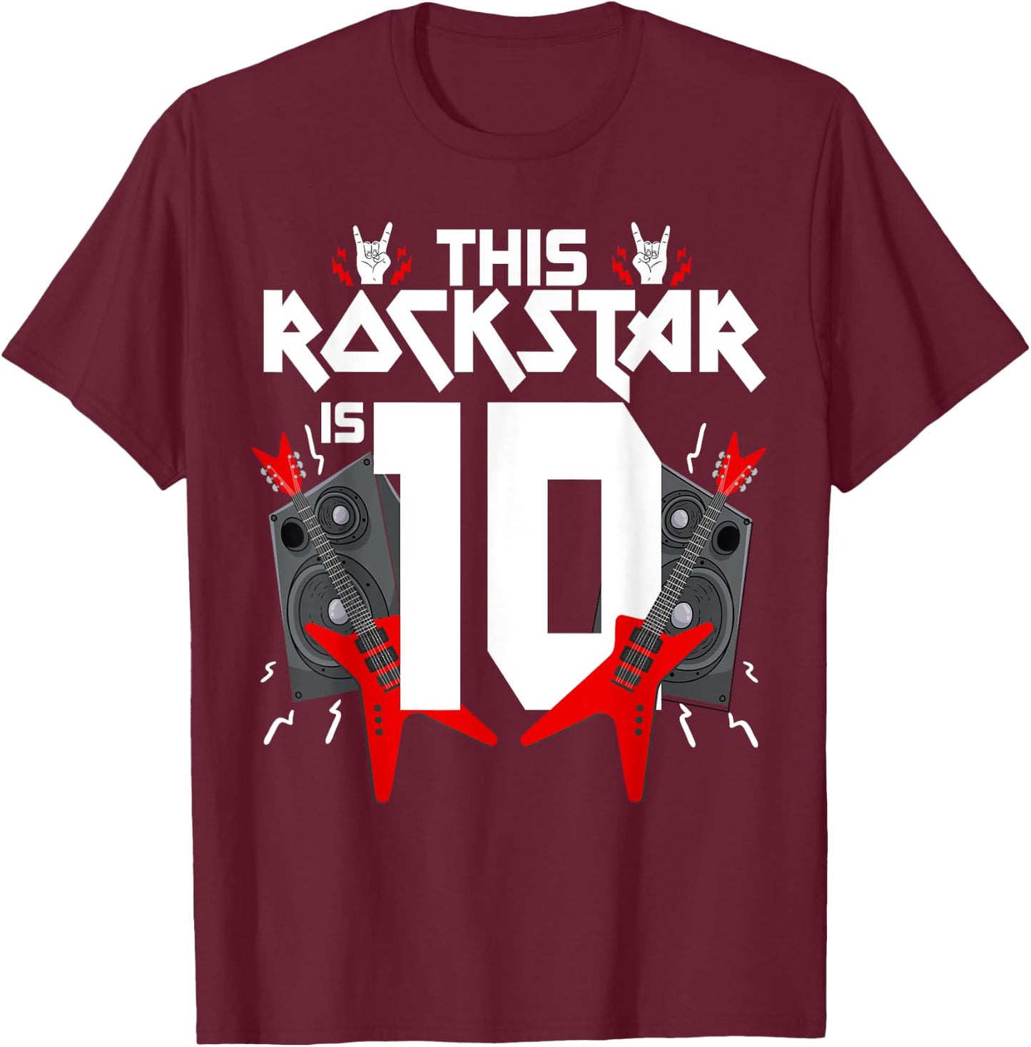 10 Year Old Rock And Roll Star Birthday Guitar 10th Gift T-Shirt - T-Shirt | Maroon