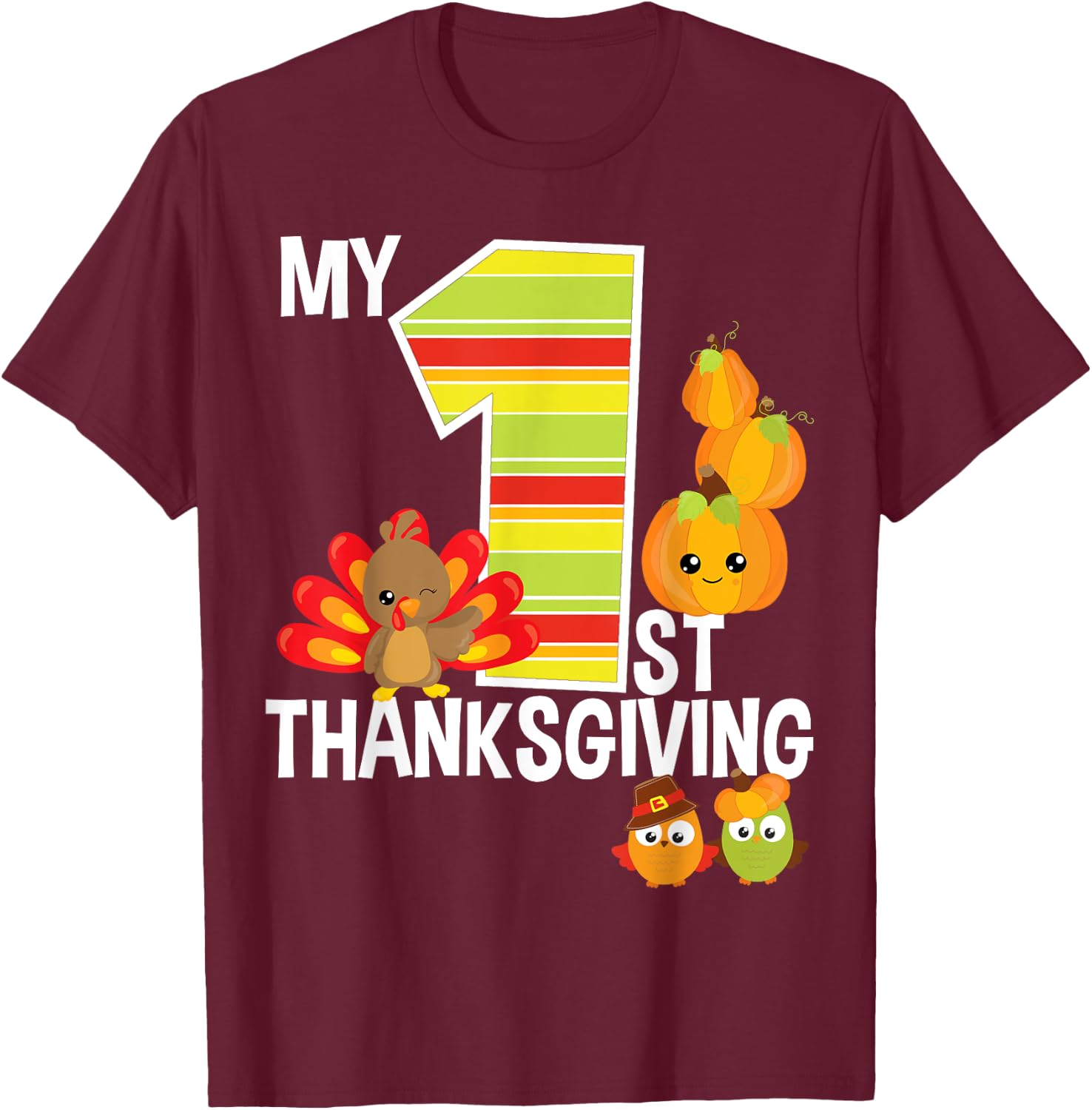 My 1st Thanksgiving Turkey Pumpkin Baby Boy Thanksgiving T-Shirt - T-Shirt | Maroon