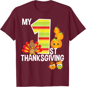 My 1st Thanksgiving Turkey Pumpkin Baby Boy Thanksgiving T-Shirt - T-Shirt | Maroon