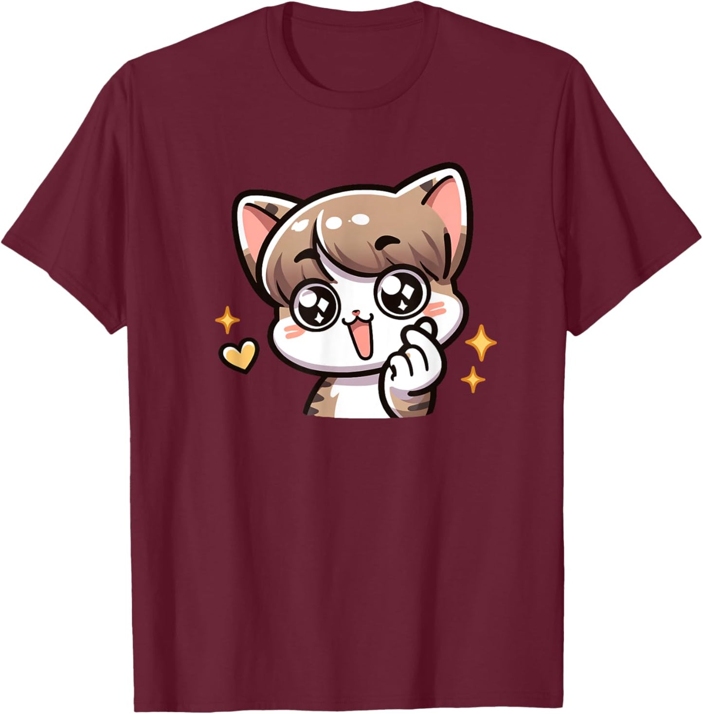 Funny Cat Cartoon Finger-heart K-pop Korean Men Women Kids T-Shirt - T-Shirt | Maroon