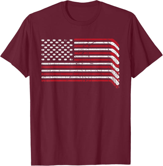 USA Flag Hockey Sticks American Pride 4th of July Ice Hockey T-Shirt - T-Shirt | Maroon