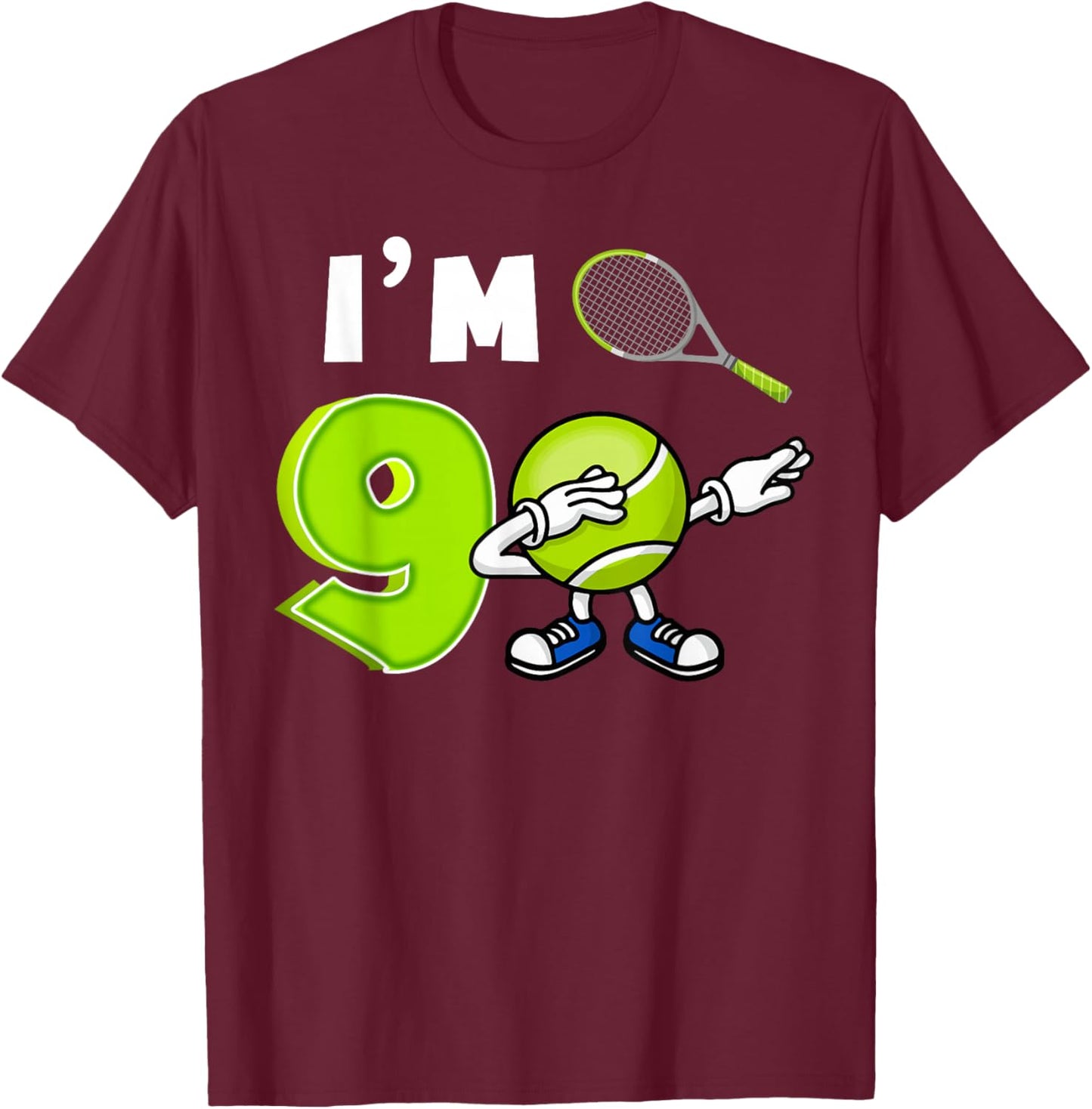 Cool I'm 9 Dabbing Tennis 9th Birthday Party 9 Years Old T-Shirt - T-Shirt | Maroon