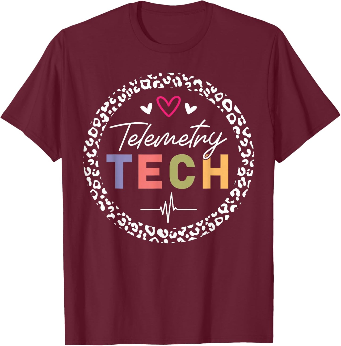Telemetry Technician Heart Leopard T-Shirt - T-Shirt | Maroon