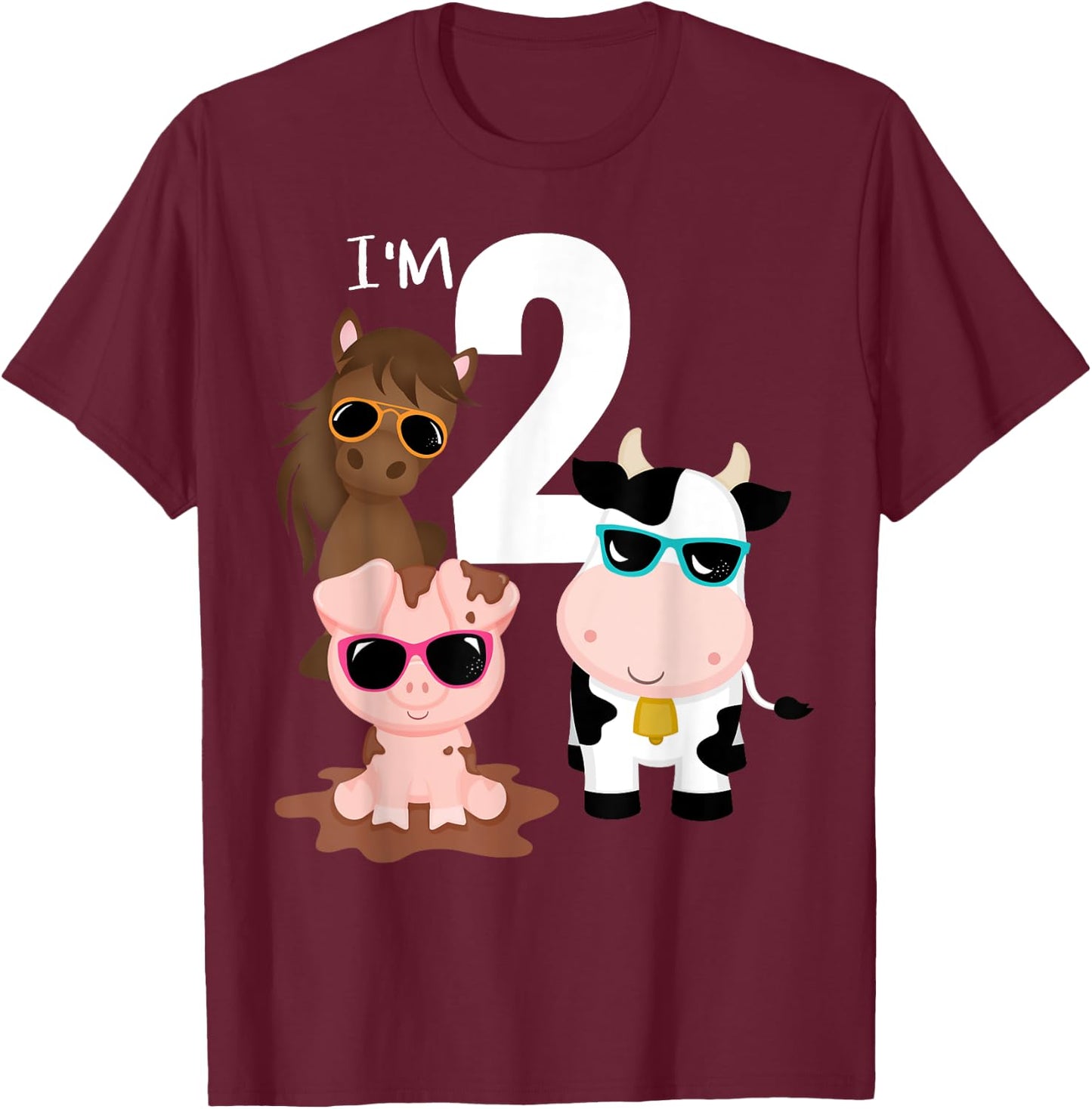 Cool Farm Animals 2nd Birthday Party 2 Year Old Toddler T-Shirt - T-Shirt | Maroon