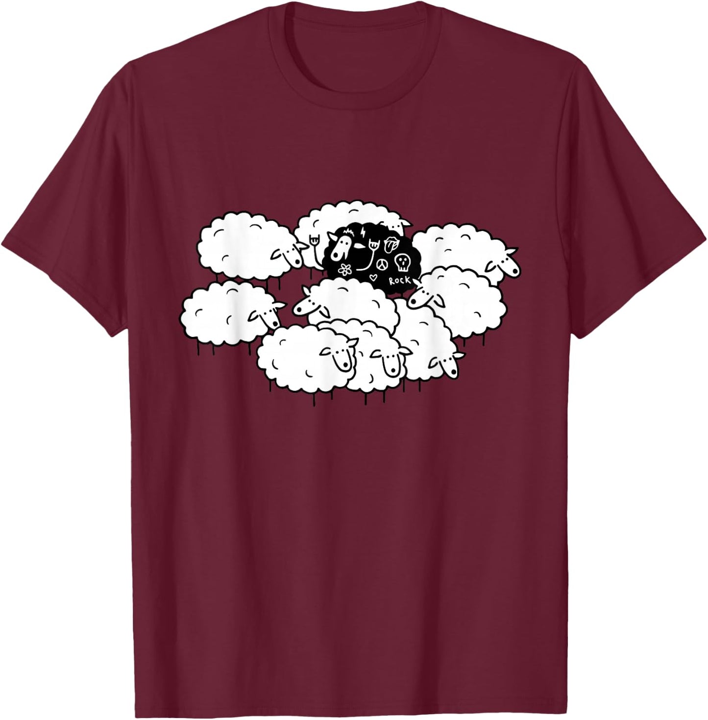 Rock-n-Roll Peace Love Black Sheep Funny Animals Graphic Art T-Shirt - T-Shirt | Maroon