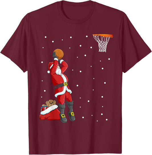 Funny Santa Claus Basketball Christmas Jumper T-Shirt - T-Shirt | Maroon