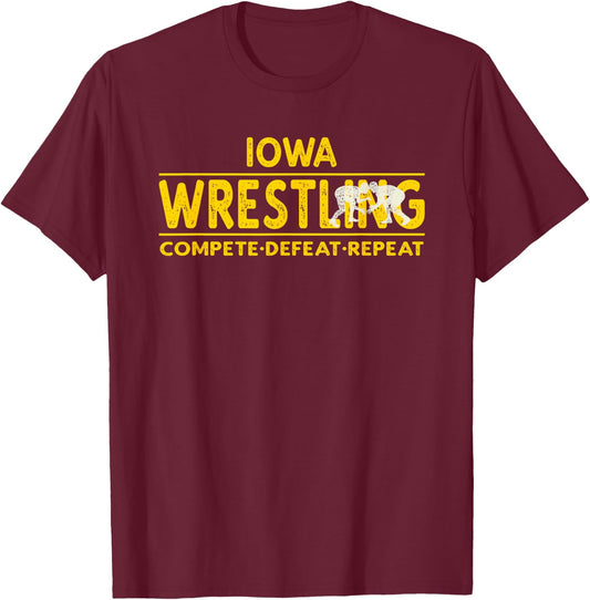 Iowa Wrestling - Compete, Defeat, Repeat T-Shirt - T-Shirt | Maroon