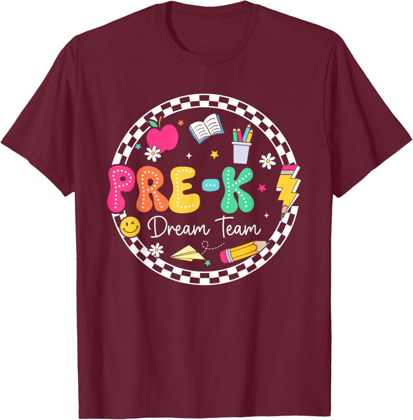 Pre-K Dream Team Groovy Back To School Pre-K Squad Teacher T-Shirt - T-Shirt | Maroon