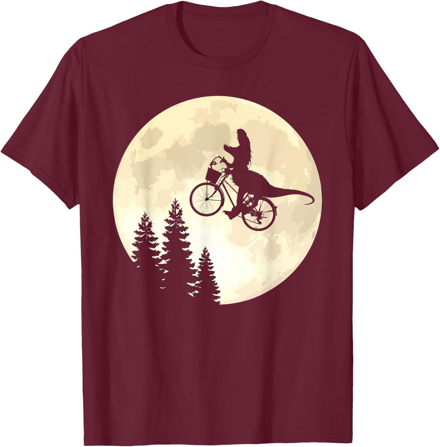 Funny T-Rex Cycling On A Bicycle to Moon T-Shirt - T-Shirt | Maroon