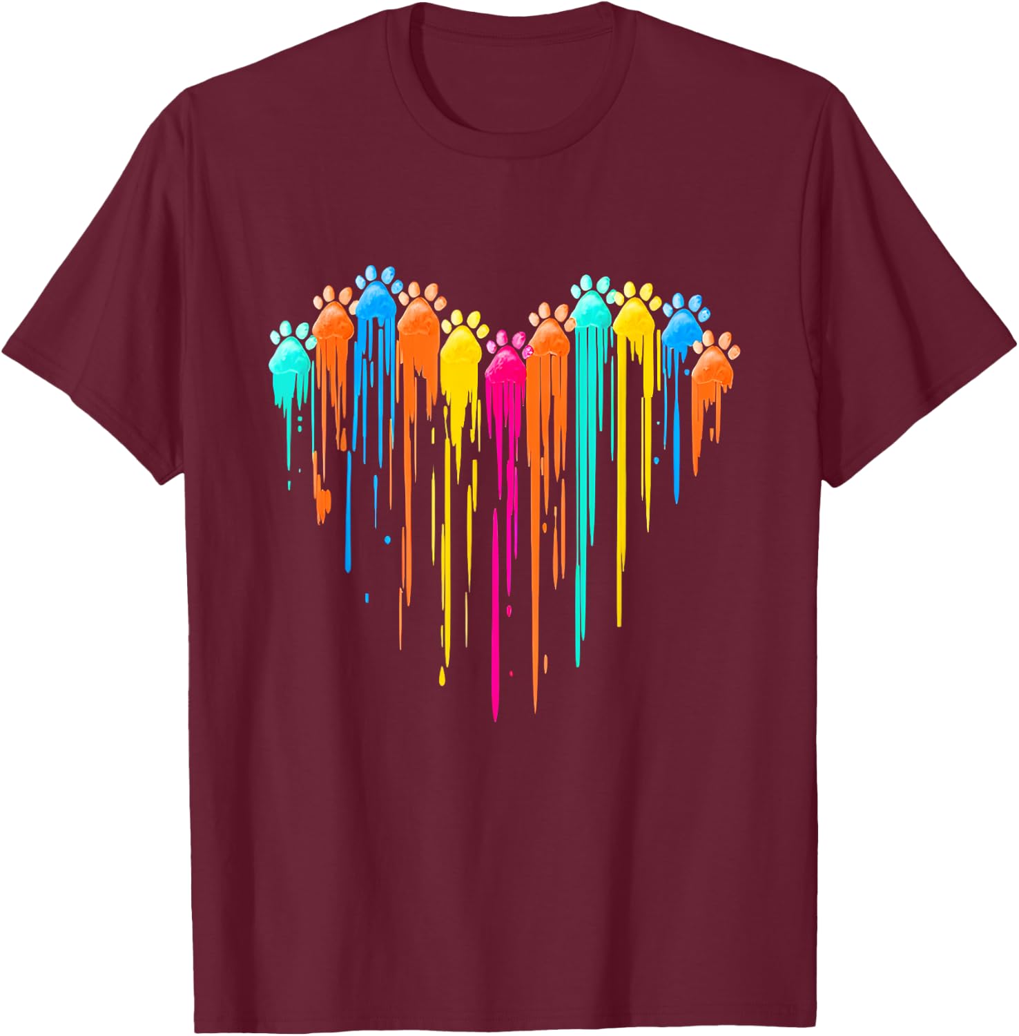 Colorful Dog Paw Heart Print Dad Mom Dog Lover T-Shirt - T-Shirt | Maroon