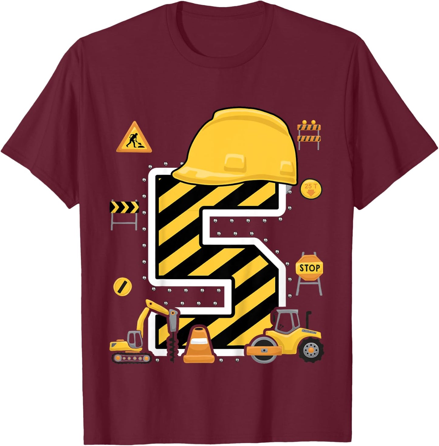 Construction Five Birthday Kids 5 Years Old 5th Birthday T-Shirt - T-Shirt | Maroon