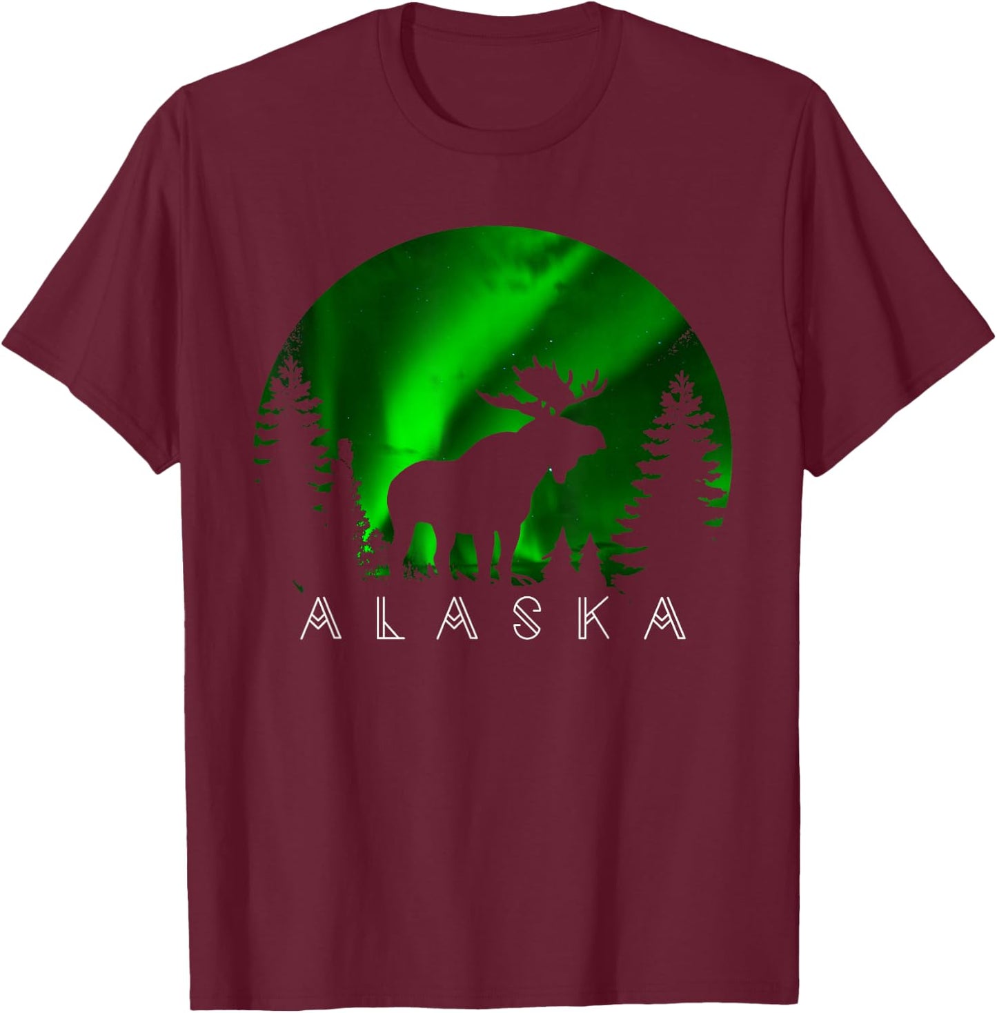 Alaska Moose Aurora Borealis Alaskan Landscape Scene T-Shirt - T-Shirt | Maroon