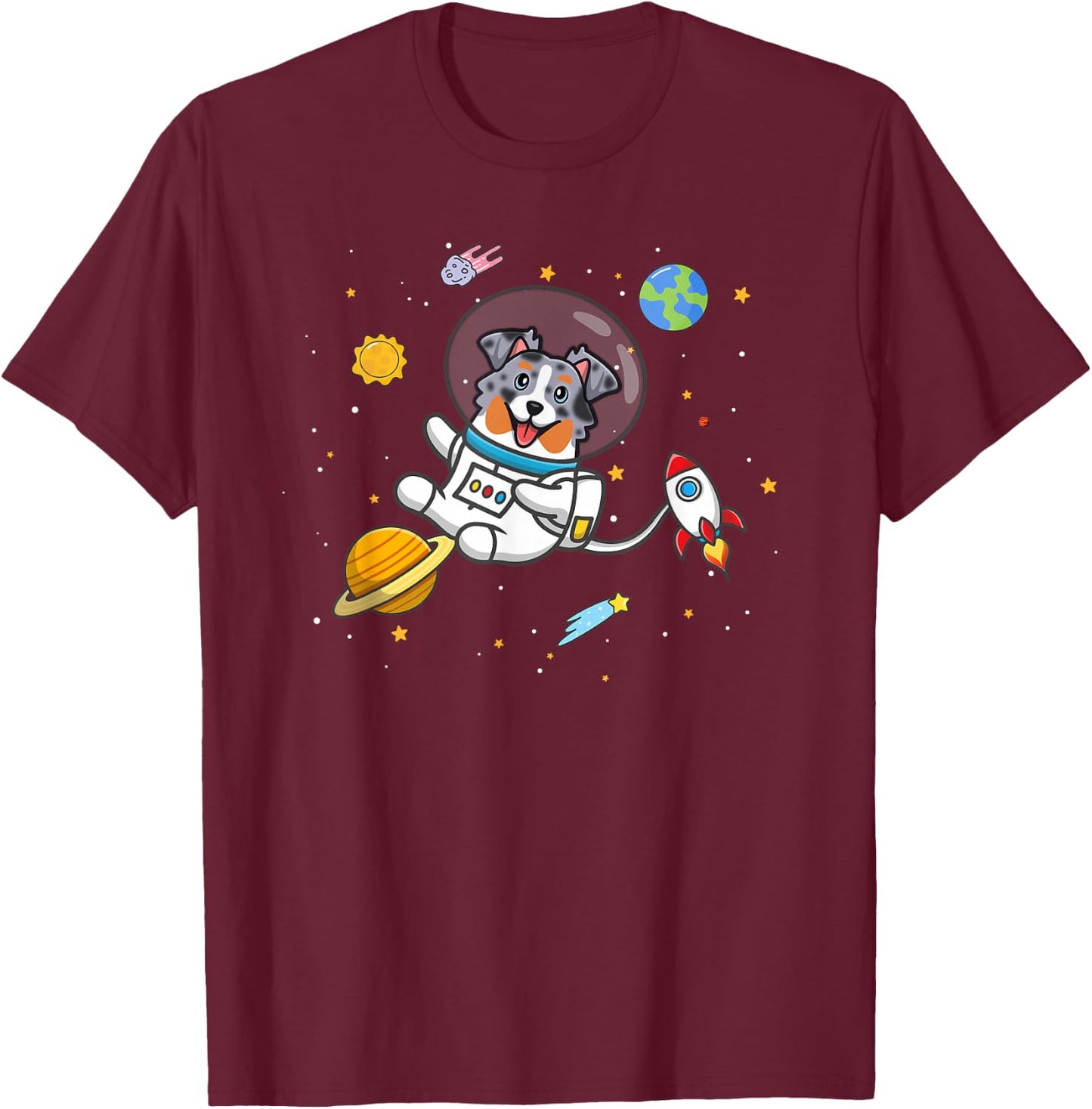 Funny Kawaii Kids Space Blue Merle Australian Shepherd Lover T-Shirt - T-Shirt | Maroon