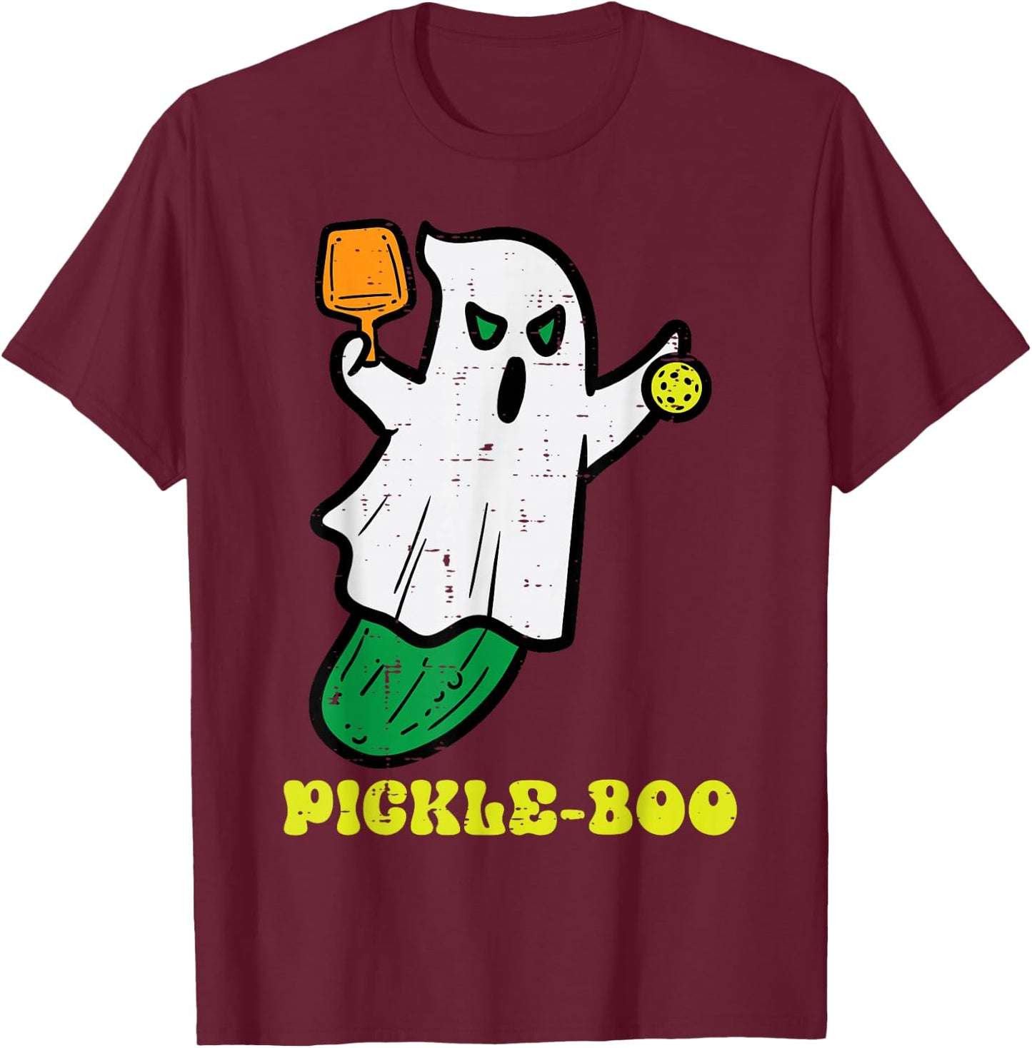 Halloween Pickleball Pickle Boo Ghost Costume Men Women Kids T-Shirt - T-Shirt | Maroon