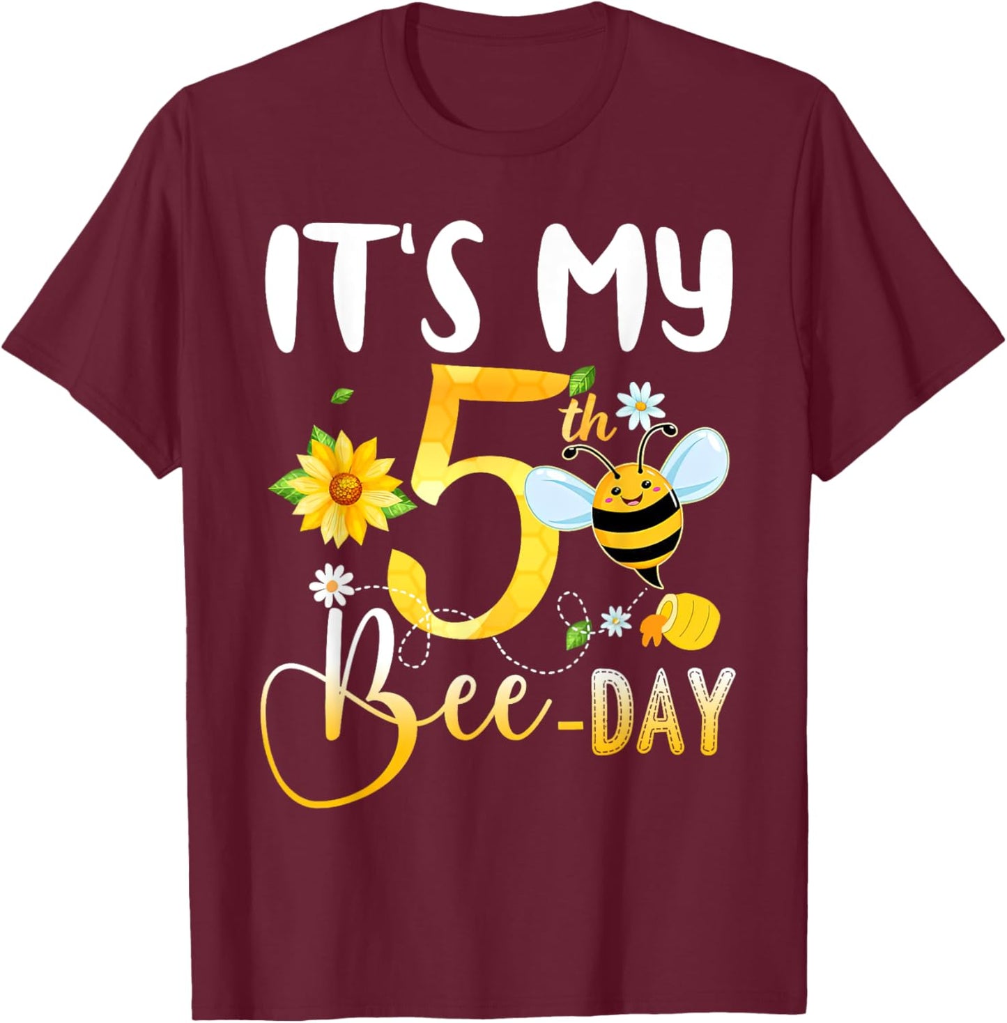 It's My 5th Bee Day - 5 Years Old Birthday Party Girl T-Shirt - T-Shirt | Maroon