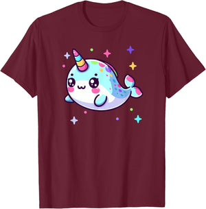Cute Kawaii Narwhal Blue Pink Anime Sea Critter Fun T-Shirt - T-Shirt | Maroon