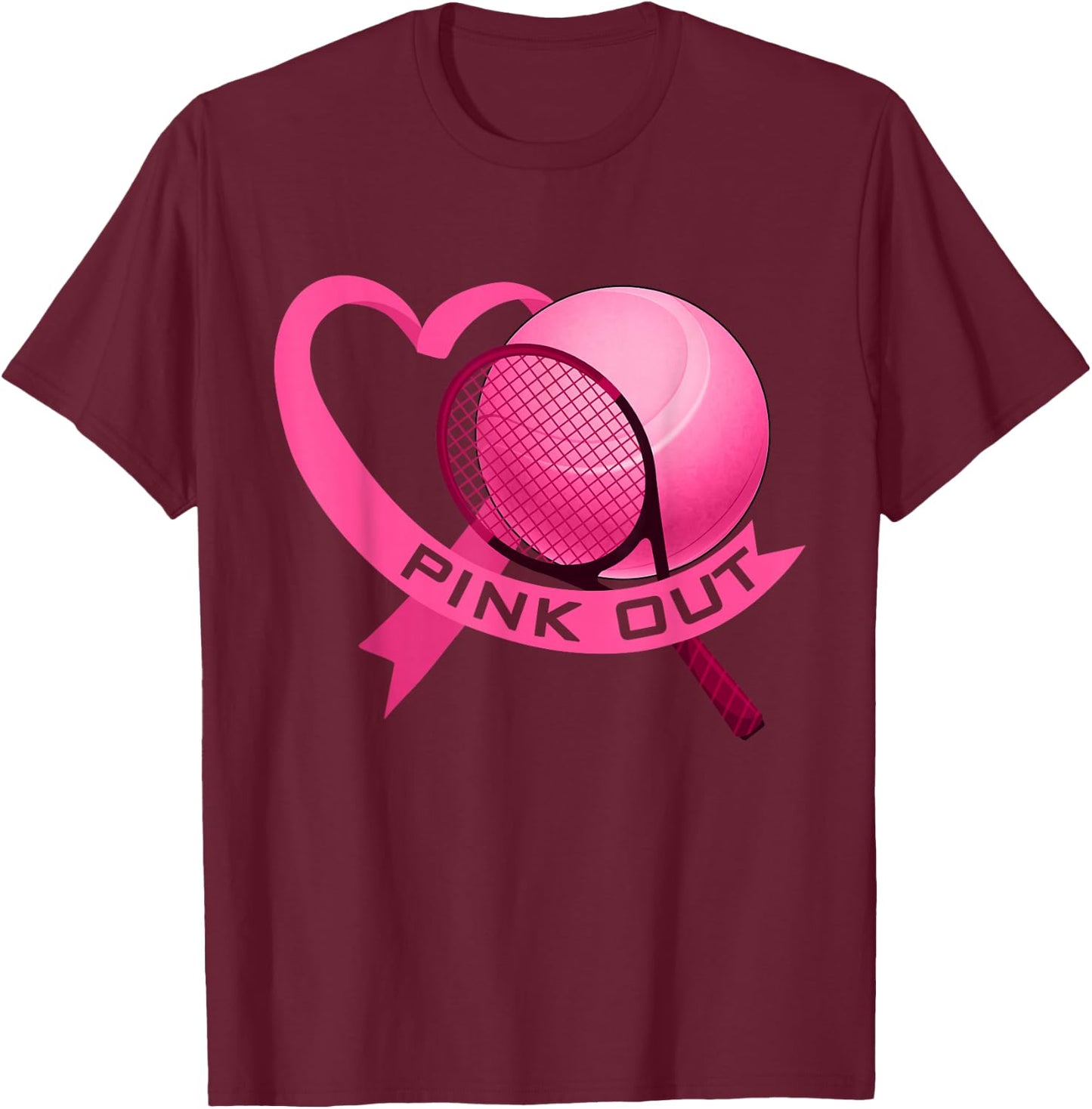 Pink Out Breast Cancer Pink Ribbon Heart With Tennis Ball T-Shirt - T-Shirt | Maroon