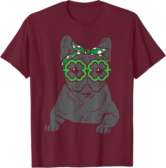 French Bulldog Shamrock Glasses St Patricks Day Dog Gift Men Women Kids T-Shirt - T-Shirt | Maroon