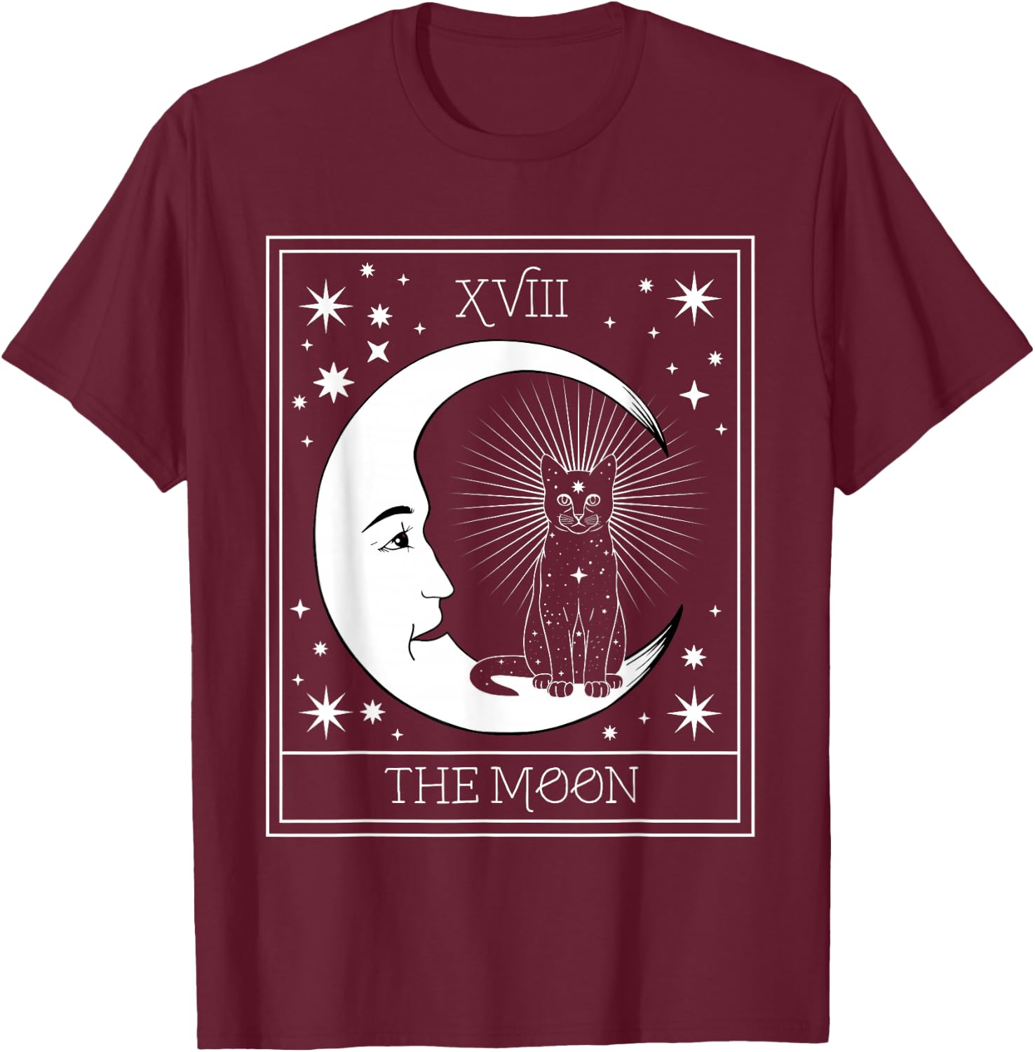 Tarot Card Crescent Moon and Black Cat Cosmic Graphic T-Shirt - T-Shirt | Maroon