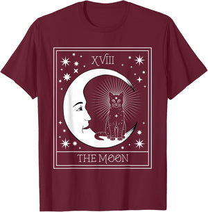 Tarot Card Crescent Moon and Black Cat Cosmic Graphic T-Shirt - T-Shirt | Maroon