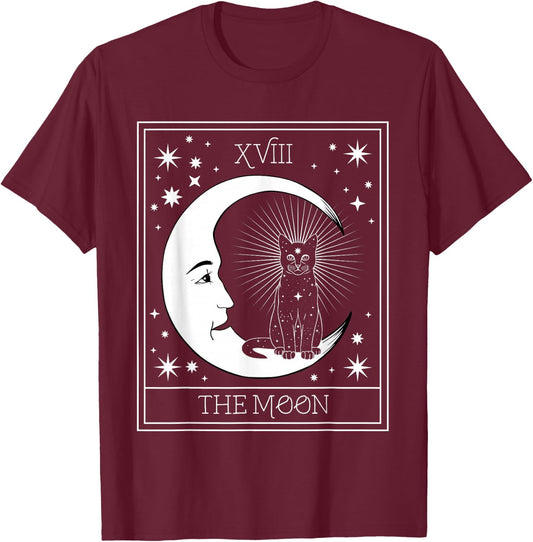 Tarot Card Crescent Moon and Black Cat Cosmic Graphic T-Shirt - T-Shirt | Maroon