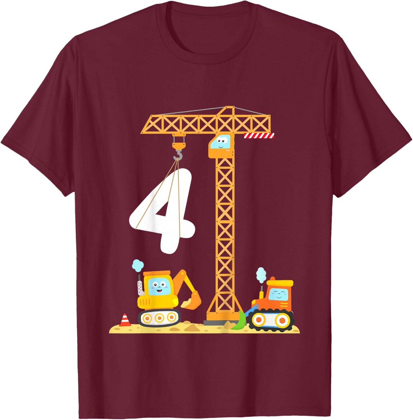 Kids Birthday 4 Year Old Boy Construction Vehicles Digger Crane T-Shirt - T-Shirt | Maroon