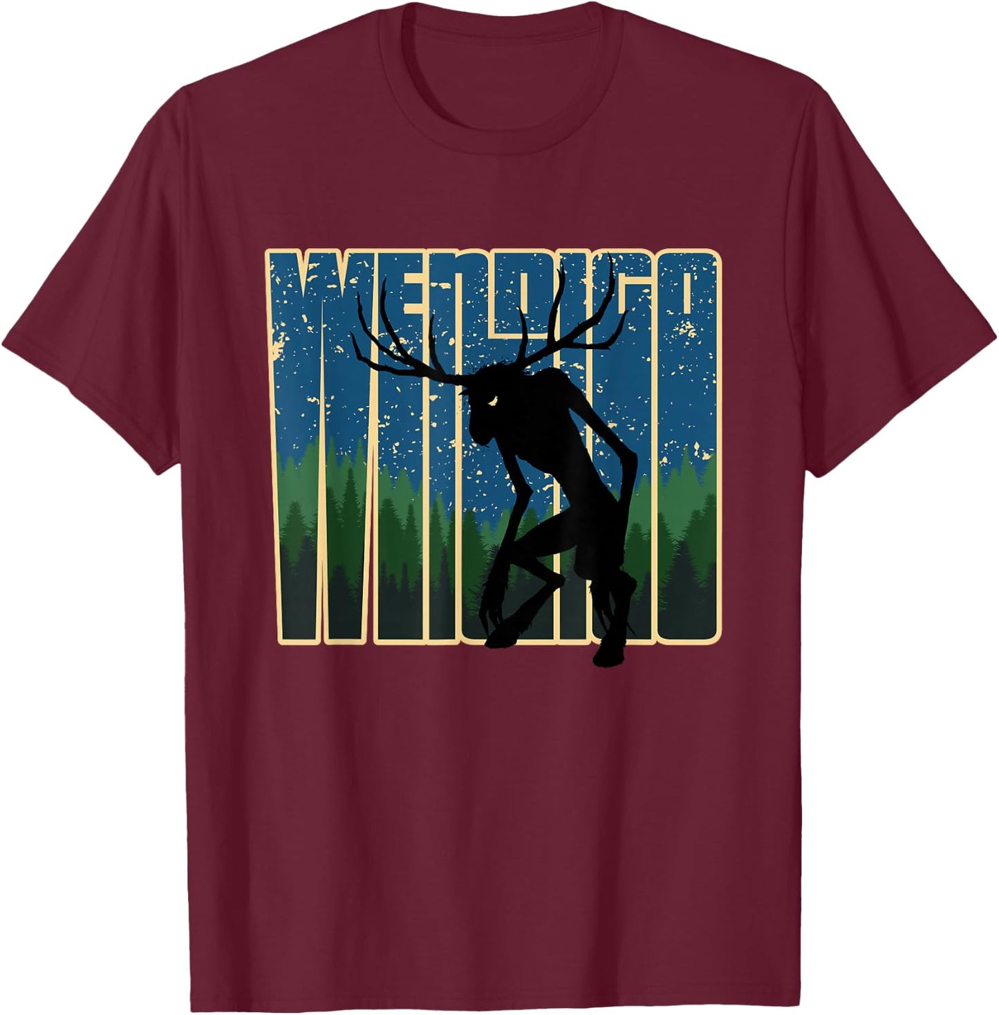 Retro Wendigo - Original Skinwalker Cryptid Spirit Artwork T-Shirt - T-Shirt | Maroon