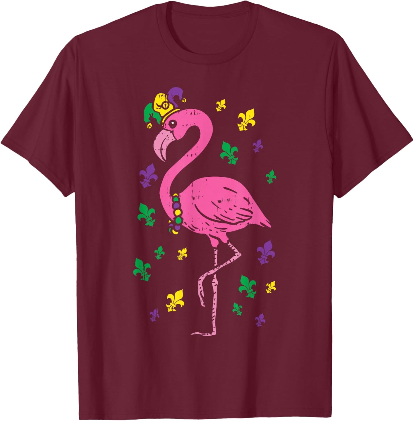 Jester Pink Flamingo Bird Animal Cute Mardi Gras Carnival T-Shirt - T-Shirt | Maroon