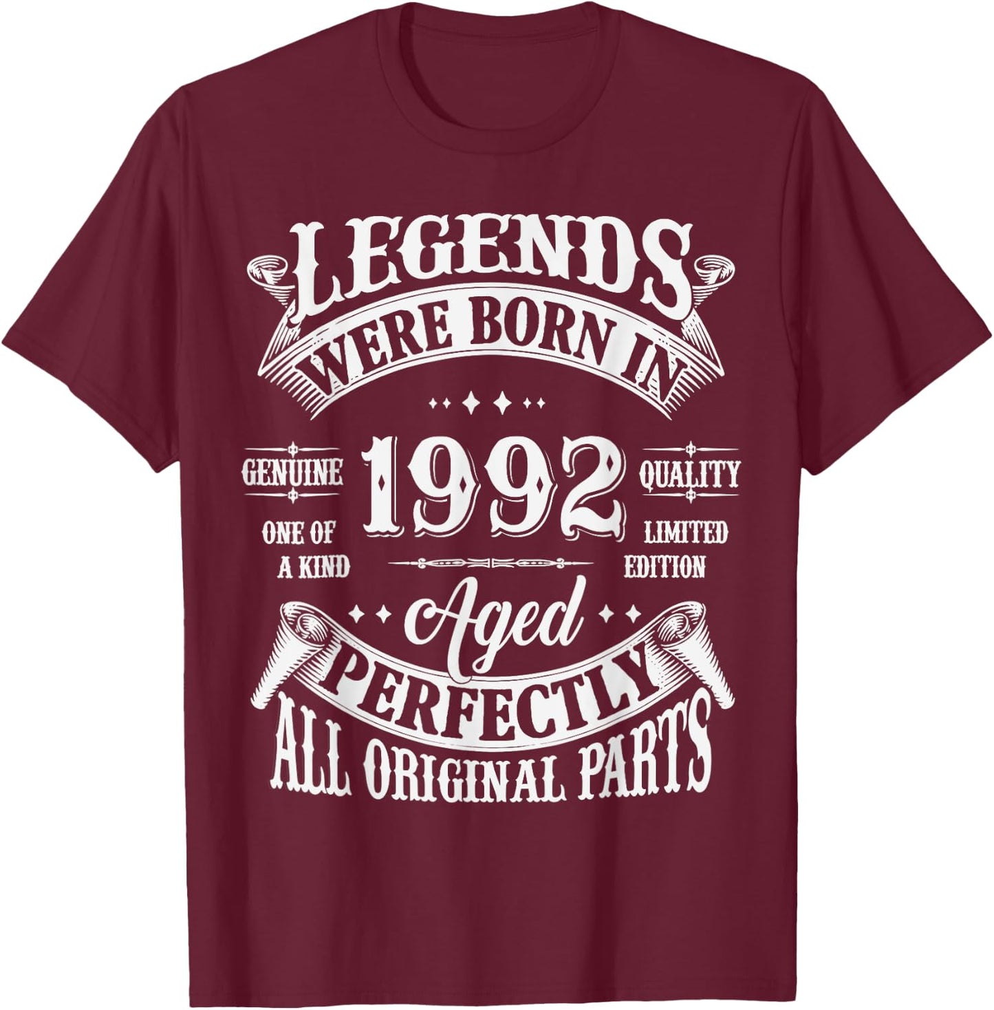 33rd Birthday 33 Years Old Vintage Legends Born In 1992 T-Shirt - T-Shirt | Maroon