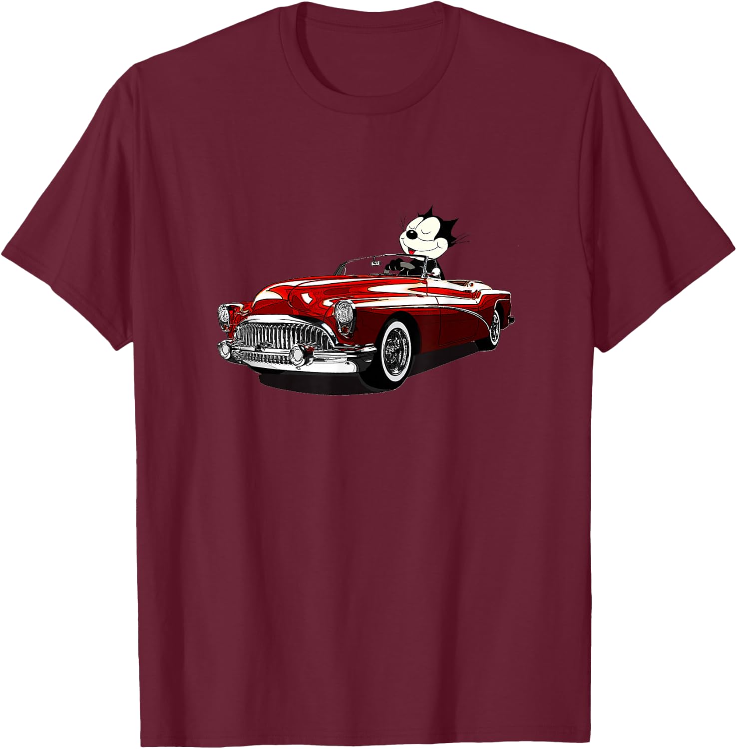 Felix Old-Skool Cat Drives Retro Red Lowrider Convertible T-Shirt - T-Shirt | Maroon