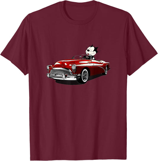 Felix Old-Skool Cat Drives Retro Red Lowrider Convertible T-Shirt - T-Shirt | Maroon