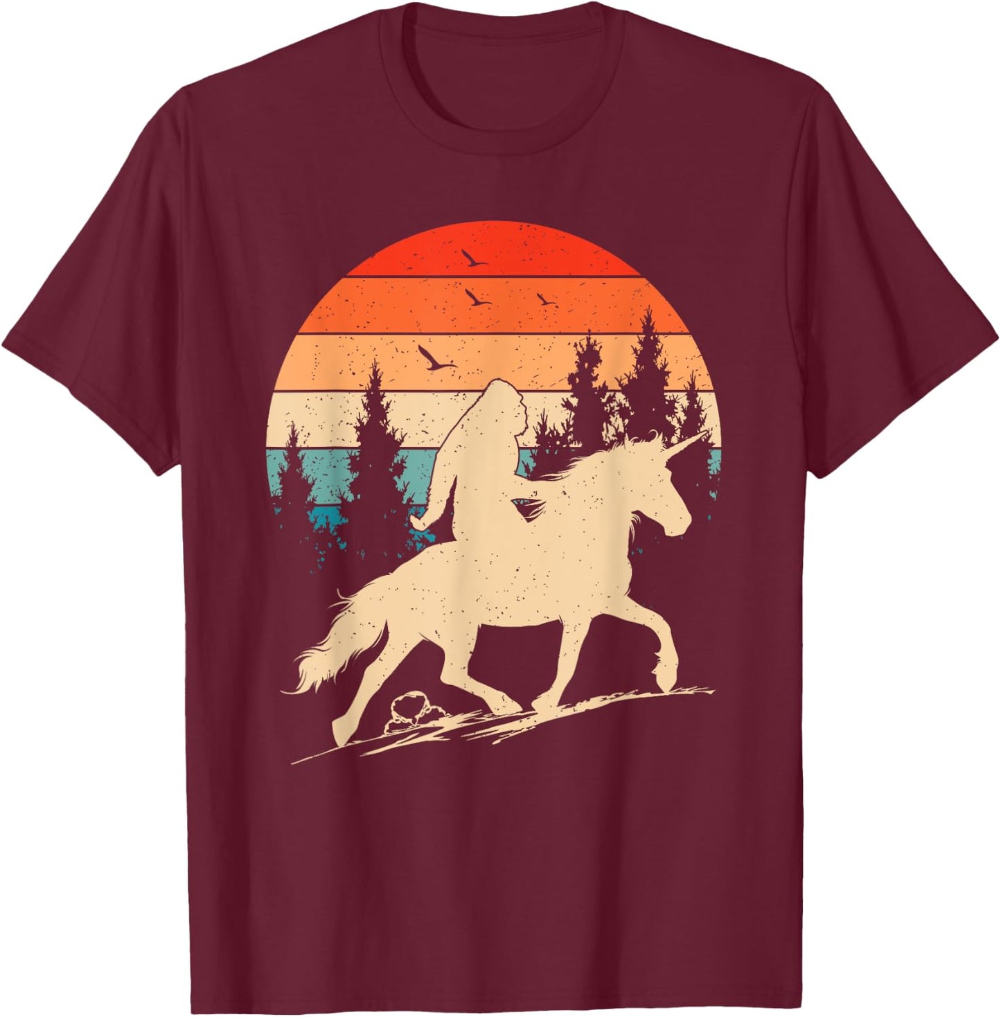 Bigfoot Riding Unicorn! Funny Sasquatch Unicorn Retro Sunset T-Shirt - T-Shirt | Maroon