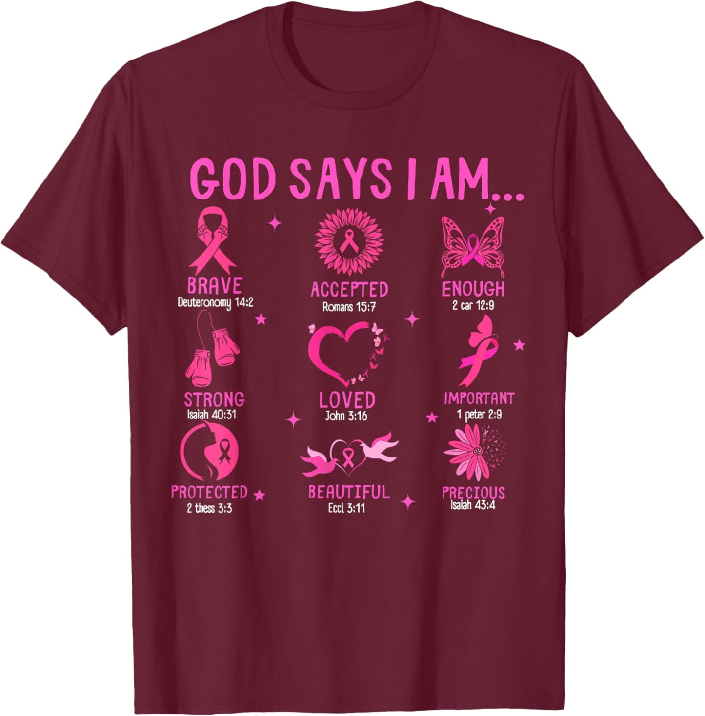 God Says I Am Breast Cancer Awareness Christian Bible Verse T-Shirt - T-Shirt | Maroon
