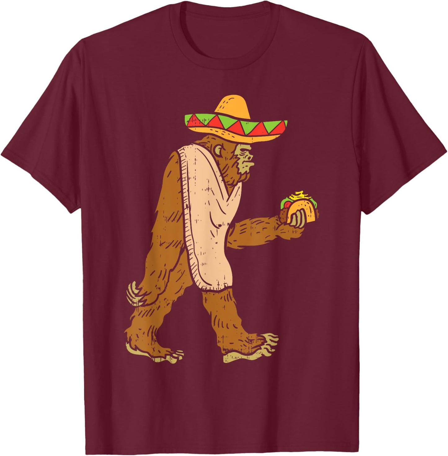 Mexican Bigfoot Sombrero Taco El Squatcho Fun Cinco De Mayo T-Shirt - T-Shirt | Maroon