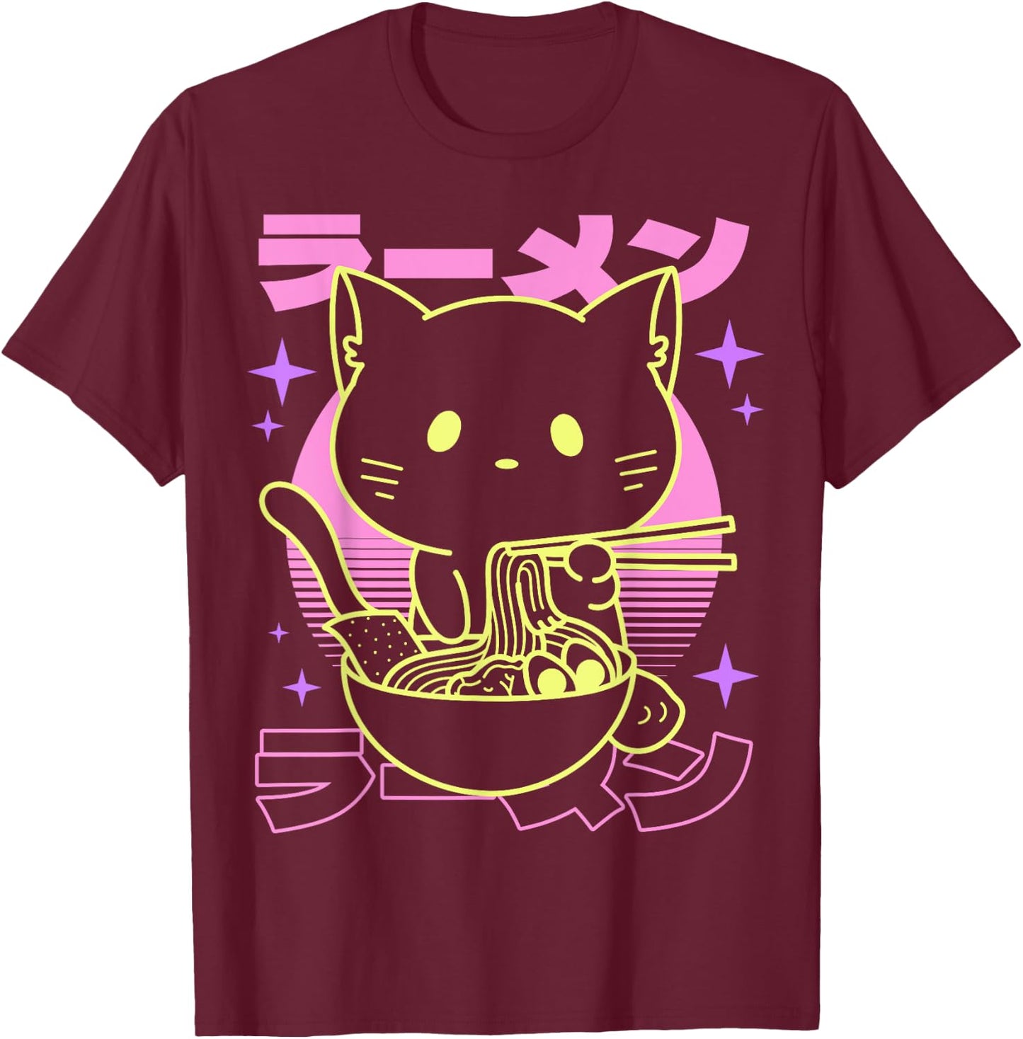 Anime Ramen Cat Japanese Retro Noodles Aesthetic Kawaii Cat T-Shirt - T-Shirt | Maroon