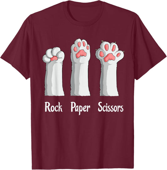 Funny Cat Rock Paper Scissors Hand Game Cute Paw Kitten Kids T-Shirt - T-Shirt | Maroon