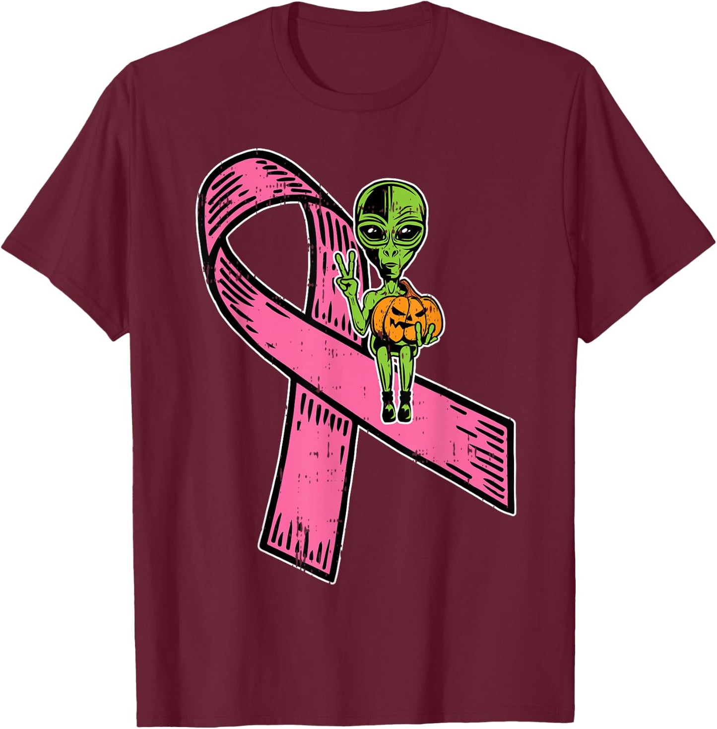 Pink Ribbon Alien Pumpkin Cool Halloween Breast Cancer Gifts T-Shirt - T-Shirt | Maroon