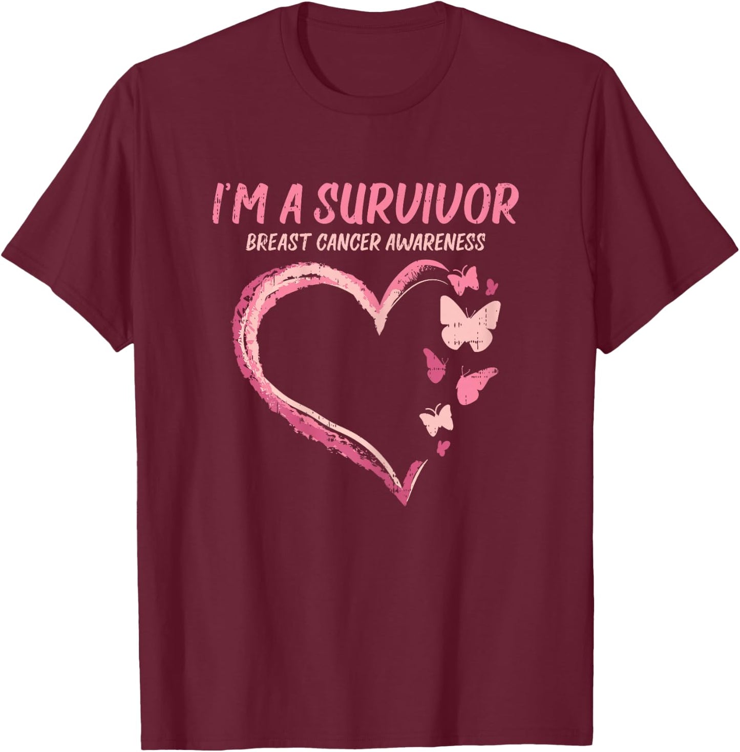 Survivor Heart Butterfly Breast Cancer Aware Support Gift T-Shirt - T-Shirt | Maroon