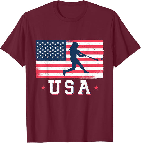 USA Flag Team Softball 4th of July T-Shirt - T-Shirt | Maroon