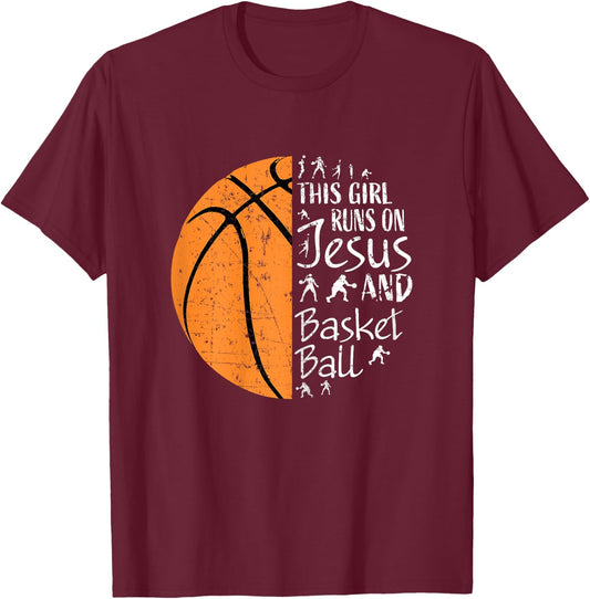 This Girl Runs On Jesus And Basketball Christian Gift T-Shirt - T-Shirt | Maroon
