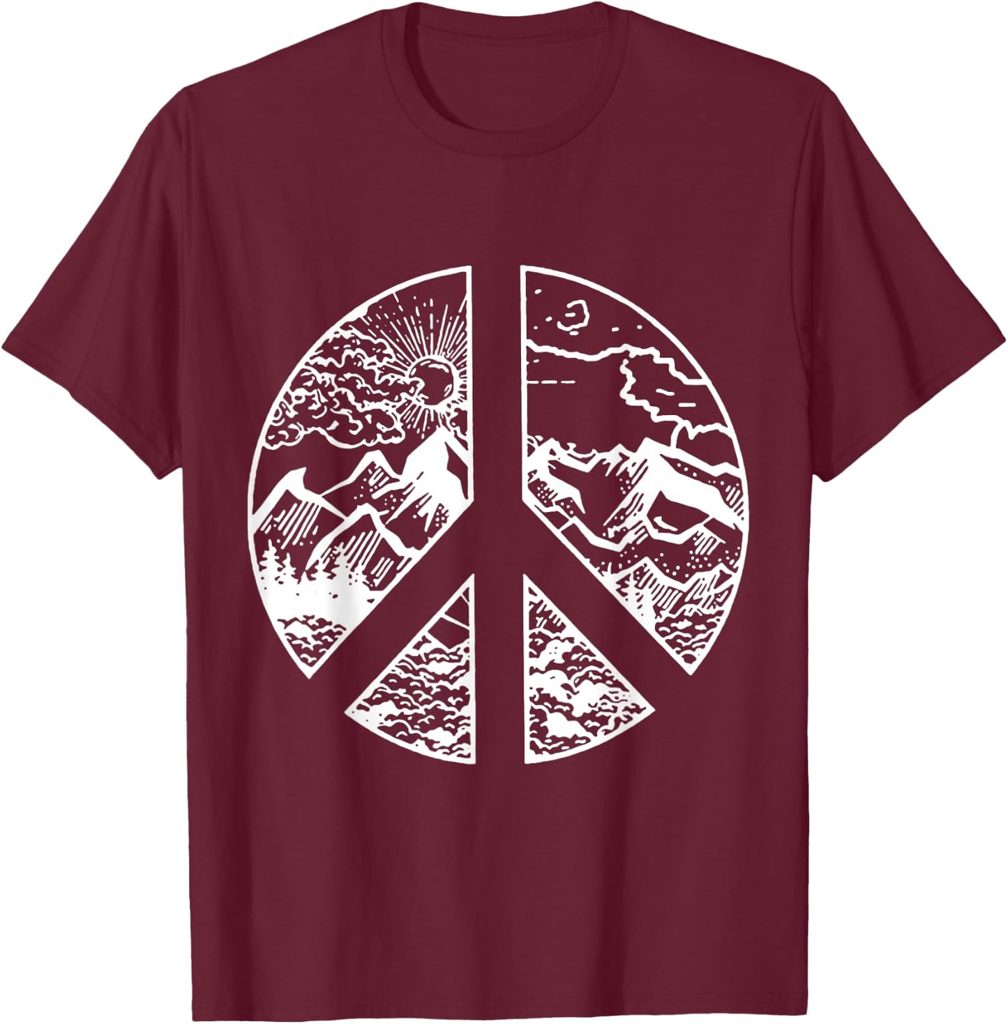 Nature Peace Outdoor Adventures Mountain Peace Sign Hippie T-Shirt - T-Shirt | Maroon
