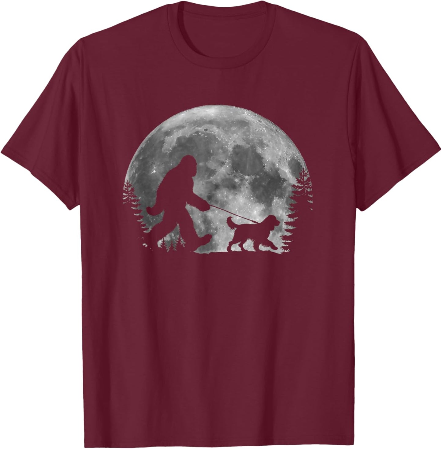 Bigfoot Walking a Dog Funny English Springer Spaniel Moon T-Shirt - T-Shirt | Maroon