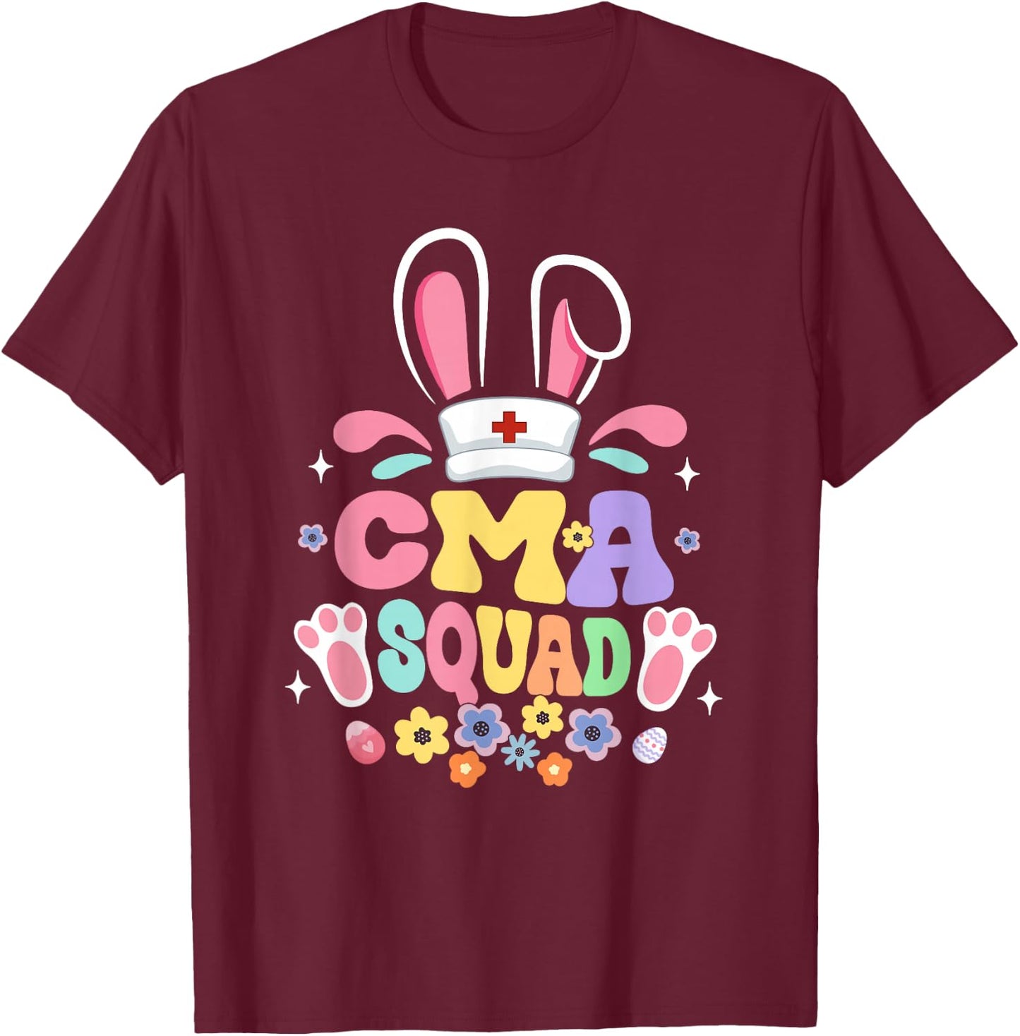 Retro Groovy CMA Squad Bunny Ear Flower Easter T-Shirt - T-Shirt | Maroon