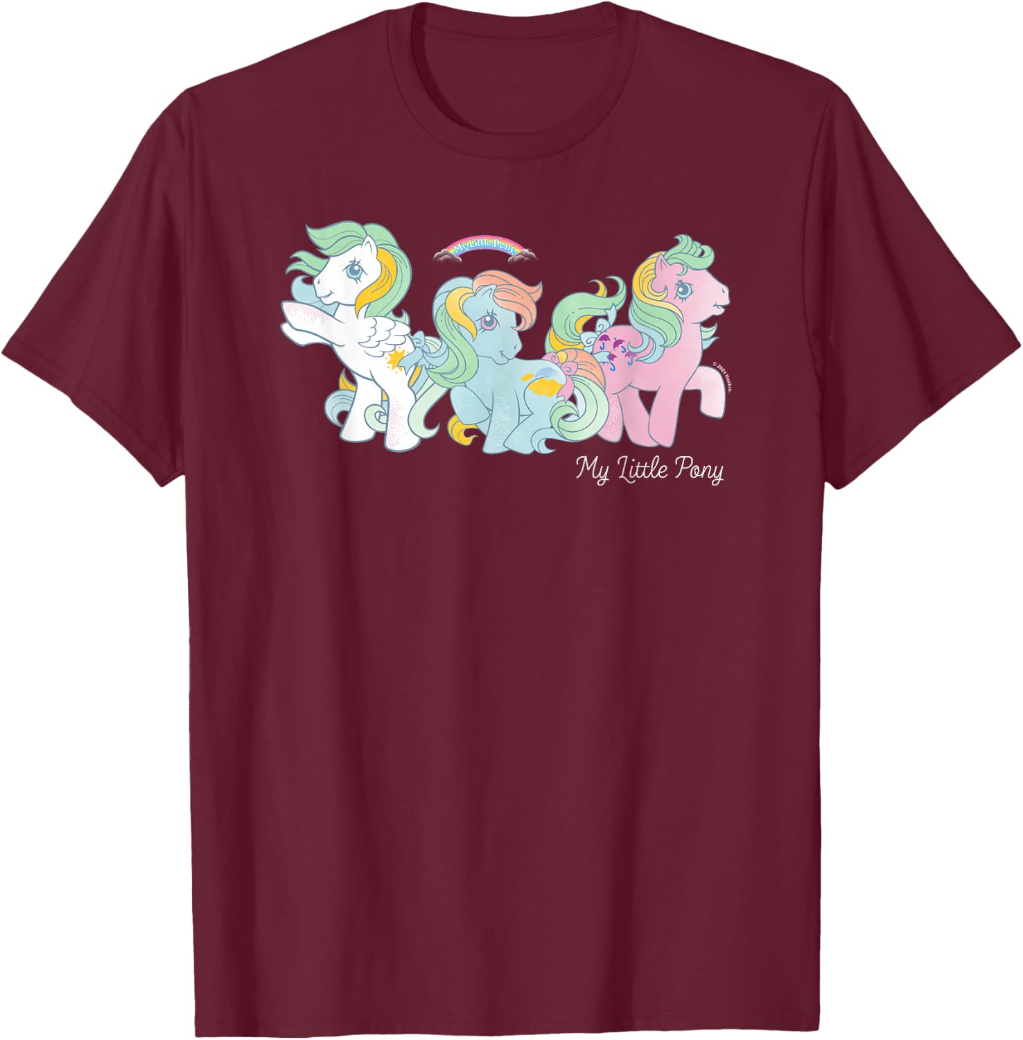 My Little Pony Classic Vintage Pastel 3 Ponies Rainbow Group T-Shirt - T-Shirt | Maroon