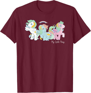 My Little Pony Classic Vintage Pastel 3 Ponies Rainbow Group T-Shirt - T-Shirt | Maroon
