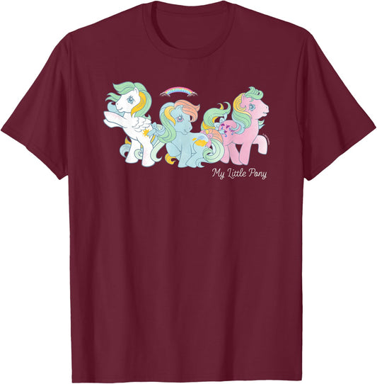 My Little Pony Classic Vintage Pastel 3 Ponies Rainbow Group T-Shirt - T-Shirt | Maroon