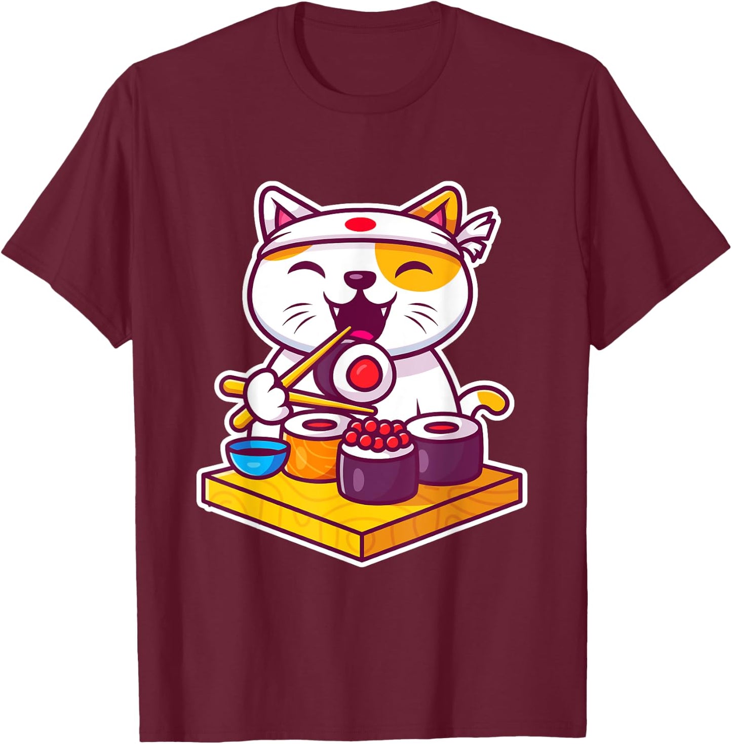 Funny Cool Sushi Cat New Look Outfit Illustration Graphic Men Women Kids T-Shirt - T-Shirt | Maroon